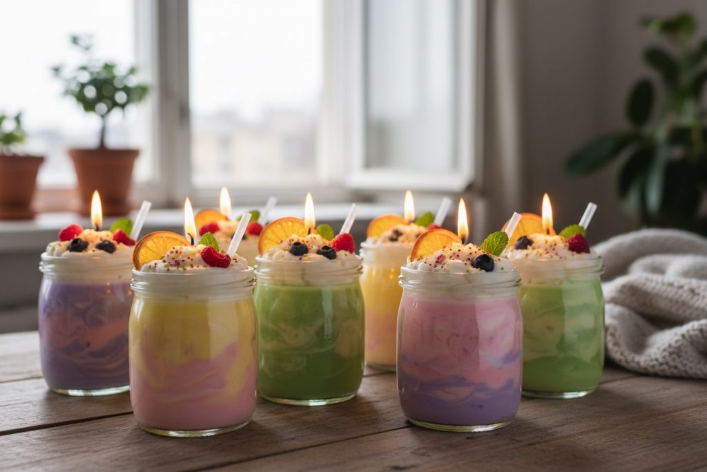 Several colorful, layered dessert candles topped with whipped cream, fruit, and lit wicks sit on a wooden table.