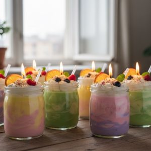 Several colorful, layered dessert candles topped with whipped cream, fruit, and lit wicks sit on a wooden table.