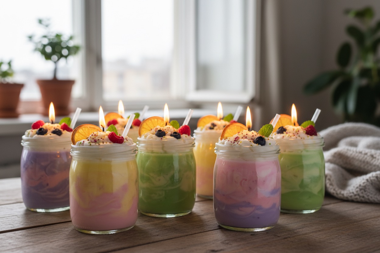 Several colorful, layered dessert candles topped with whipped cream, fruit, and lit wicks sit on a wooden table.